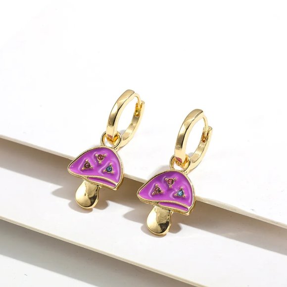 Gold & Purple Enamel Mushroom Rhinestone Huggie Dangle Earrings NEW - Picture 2 of 8
